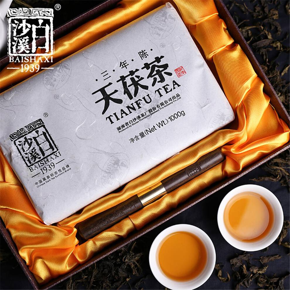 湖南安（ān）化黑茶白沙溪金花獲磚茶手工（gōng）茶特產禮品茶三年陳（chén）天獲茶1kg